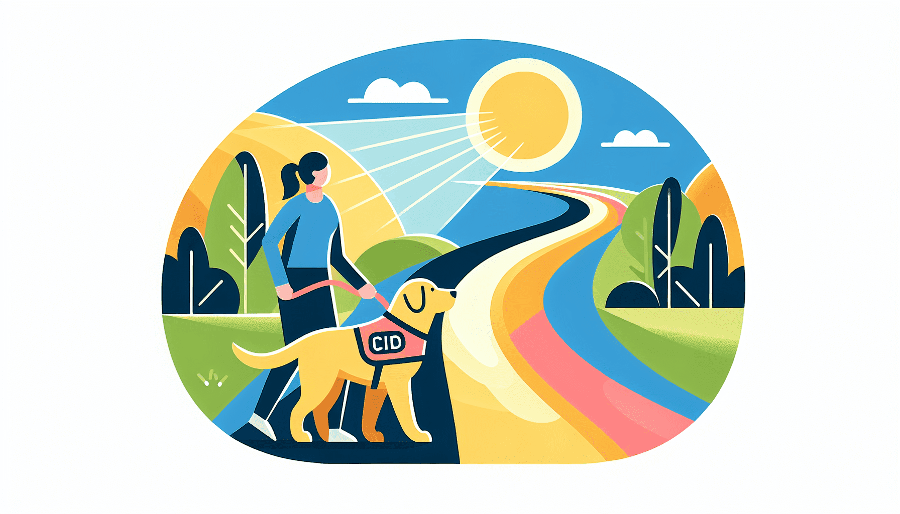 A friendly guide dog wearing a branded collar that says Yext leading a person down a path with a bright light at the end