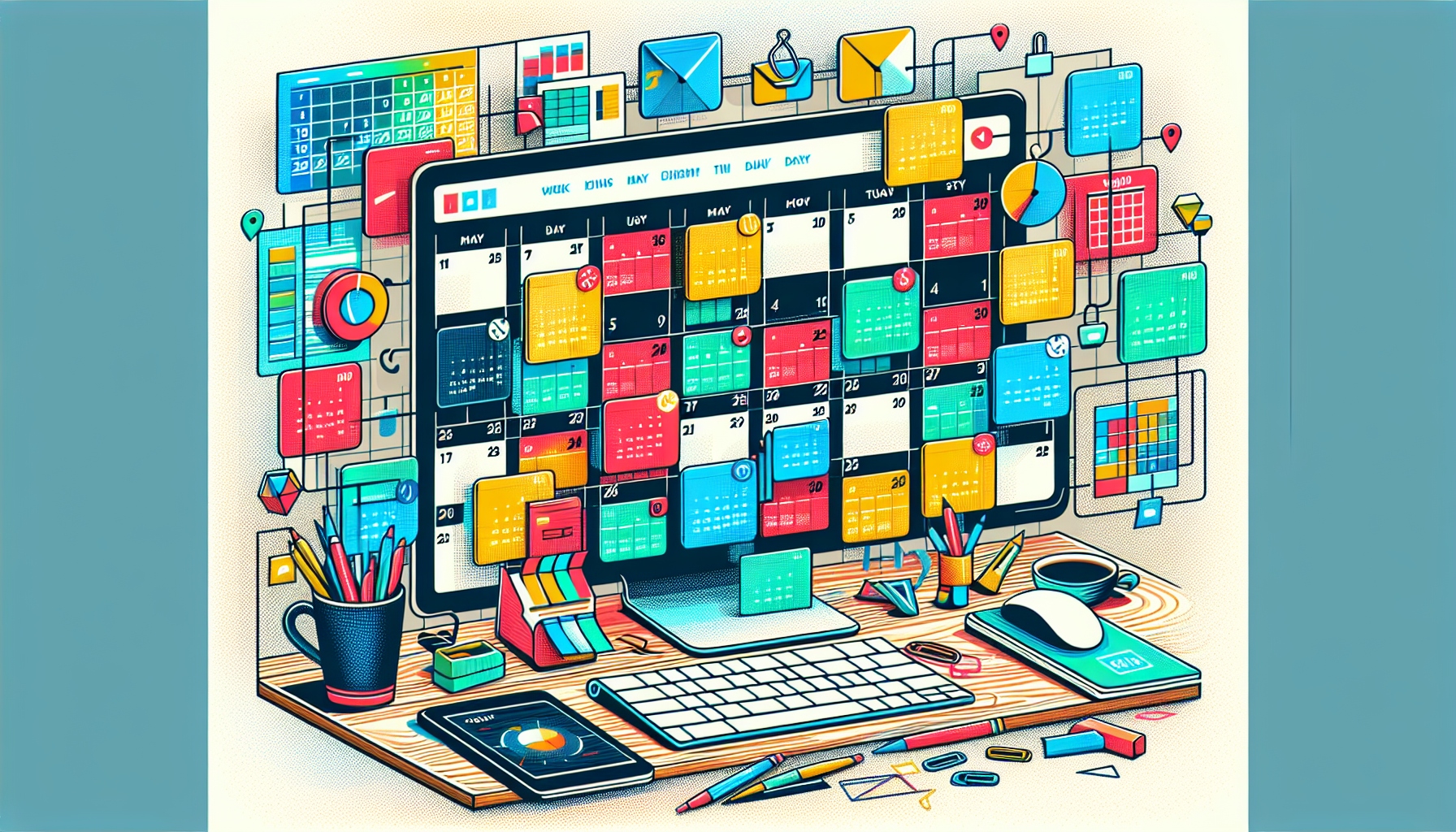A calendar app with colorful squares representing appointments and events, overlaid on a photo of a busy person's desk.