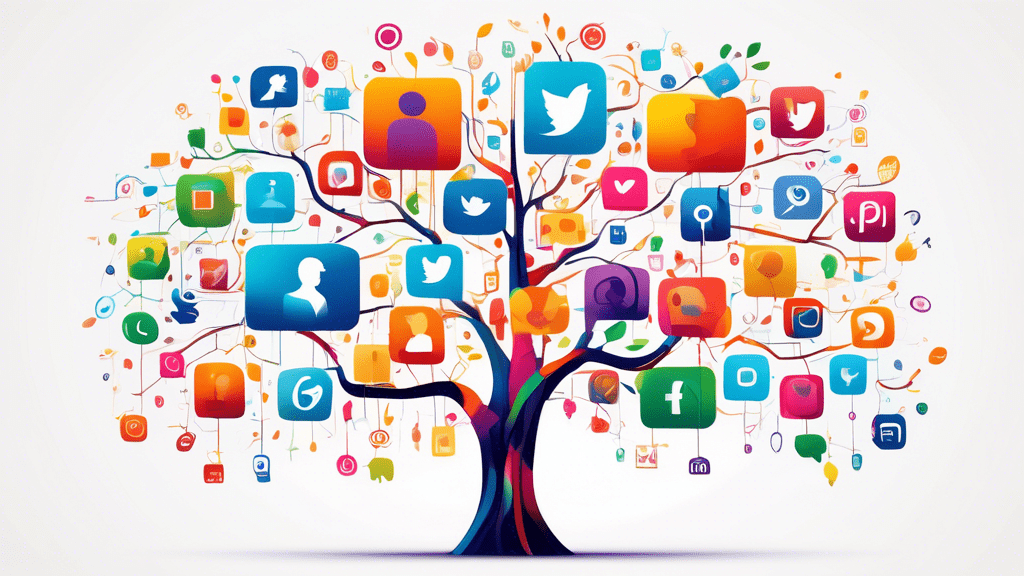 A vibrant, colorful digital tree with various social media and website icons hanging from its branches, set against a clean, white background, representing a centralized hub for showcasing an individu