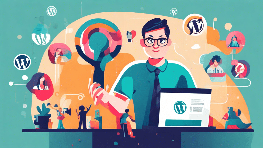 A digital illustration depicting a friendly WordPress support representative extending a helping hand to a confused user, with the WordPress logo and various support icons floating in the background,