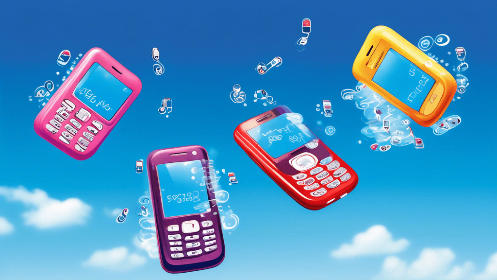 A digital image depicting five mobile phones floating in the air against a blue sky background. Each phone displays a unique U.S. phone number on its screen, representing free numbers available for SM