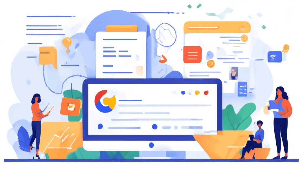 Create an illustration that visually represents a step-by-step guide to verifying a Google Business Profile. The scene should include a computer with the Google website open, various verification meth