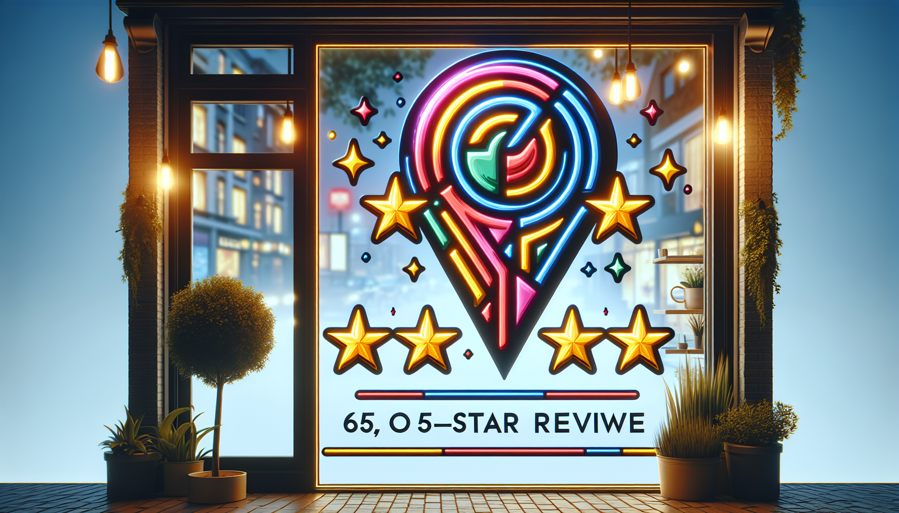A storefront window with a Google Maps location pin and glowing five-star reviews
