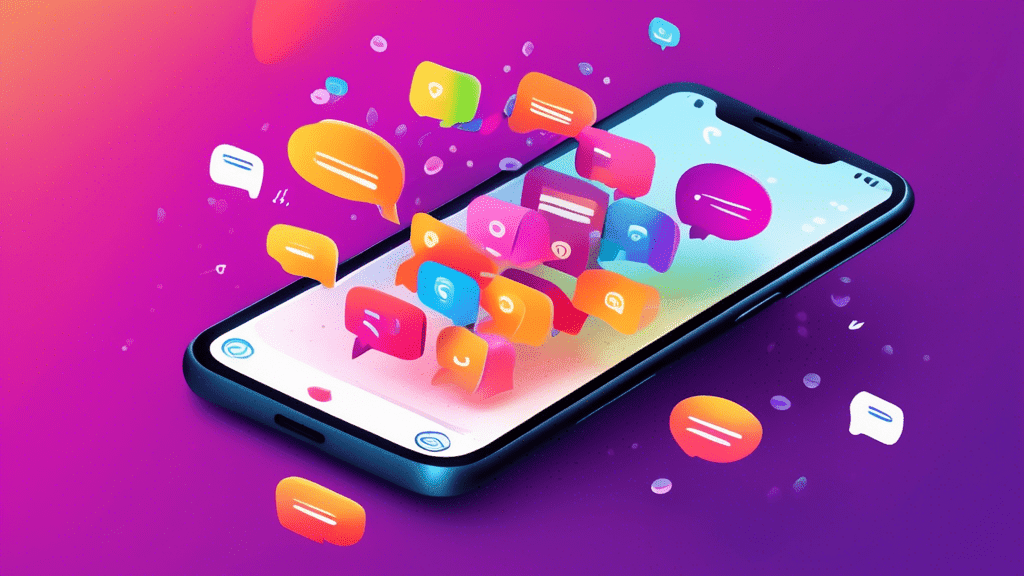 A smartphone with the Instagram app open to the Direct Messages inbox, with speech bubbles coming out of the screen and floating up and away