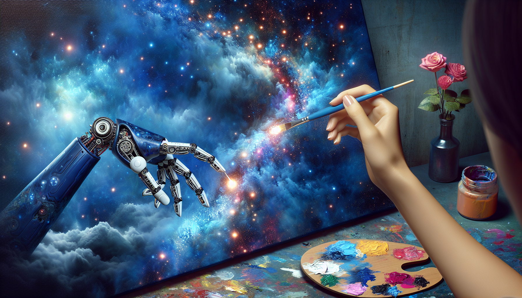 A robot hand delicately painting a canvas with a starry night sky, while a human hand holds a paintbrush filled with vibrant colors, collaborating on a surreal artwork.
