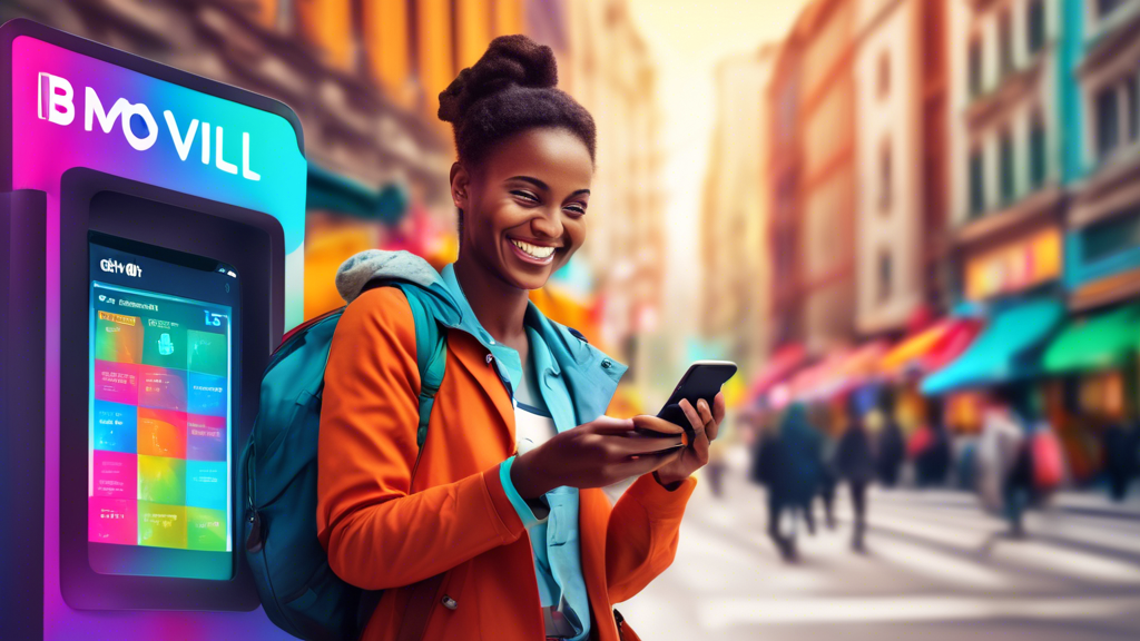 DALL-E Prompt:nA smiling person holding a smartphone displaying a colorful banking app interface, with ATH Móvil logo prominently featured, against a vibrant backdrop of a bustling city street, symbol