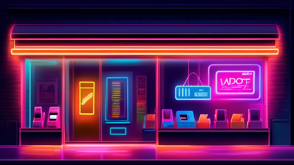 A storefront window with a neon Open sign and a credit card reader that has the Authorize.net logo on it.