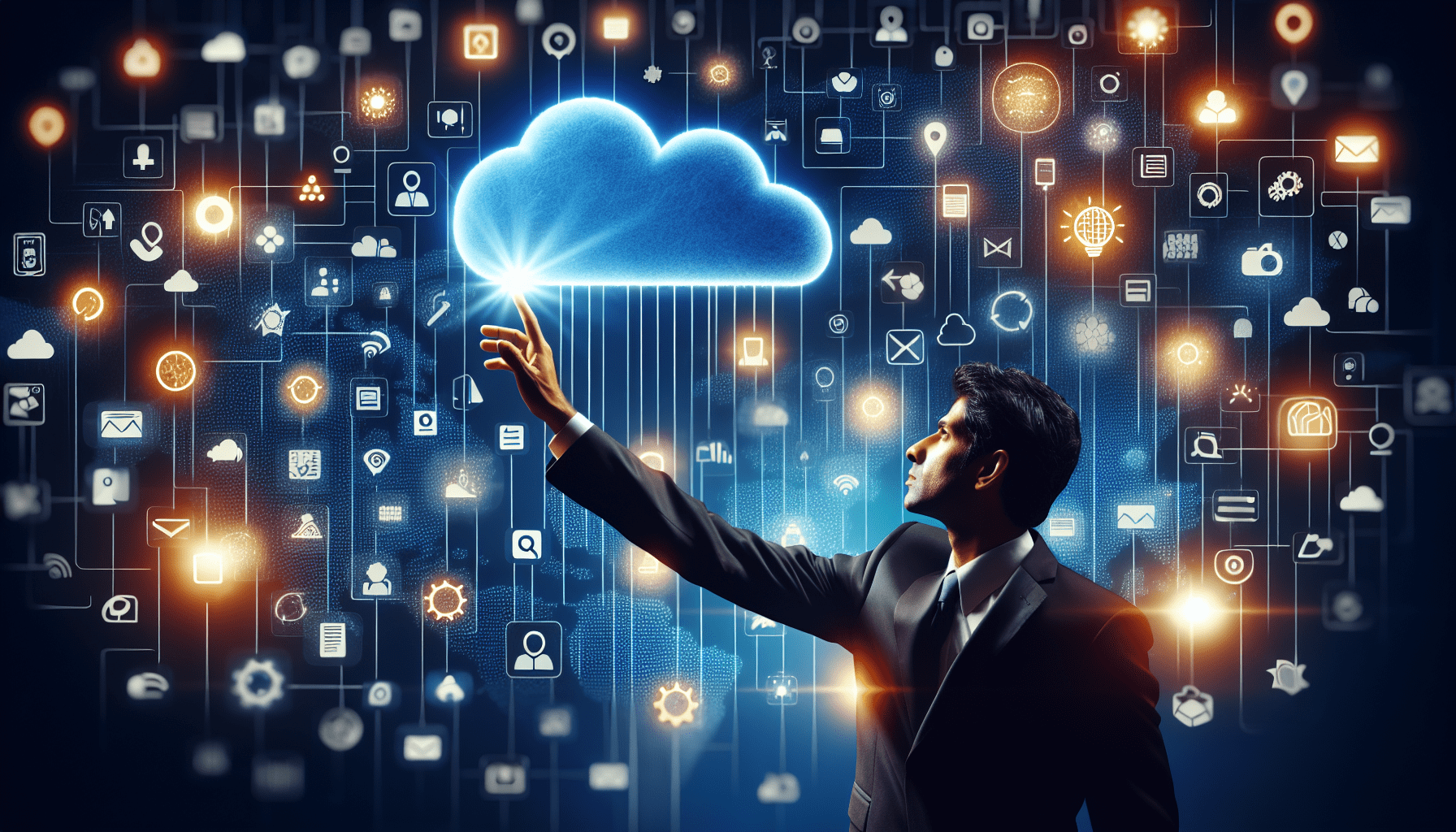 A businessman reaching towards a glowing, cloud-shaped app icon labeled JobNimbus in a dark blue sky filled with other app icons.