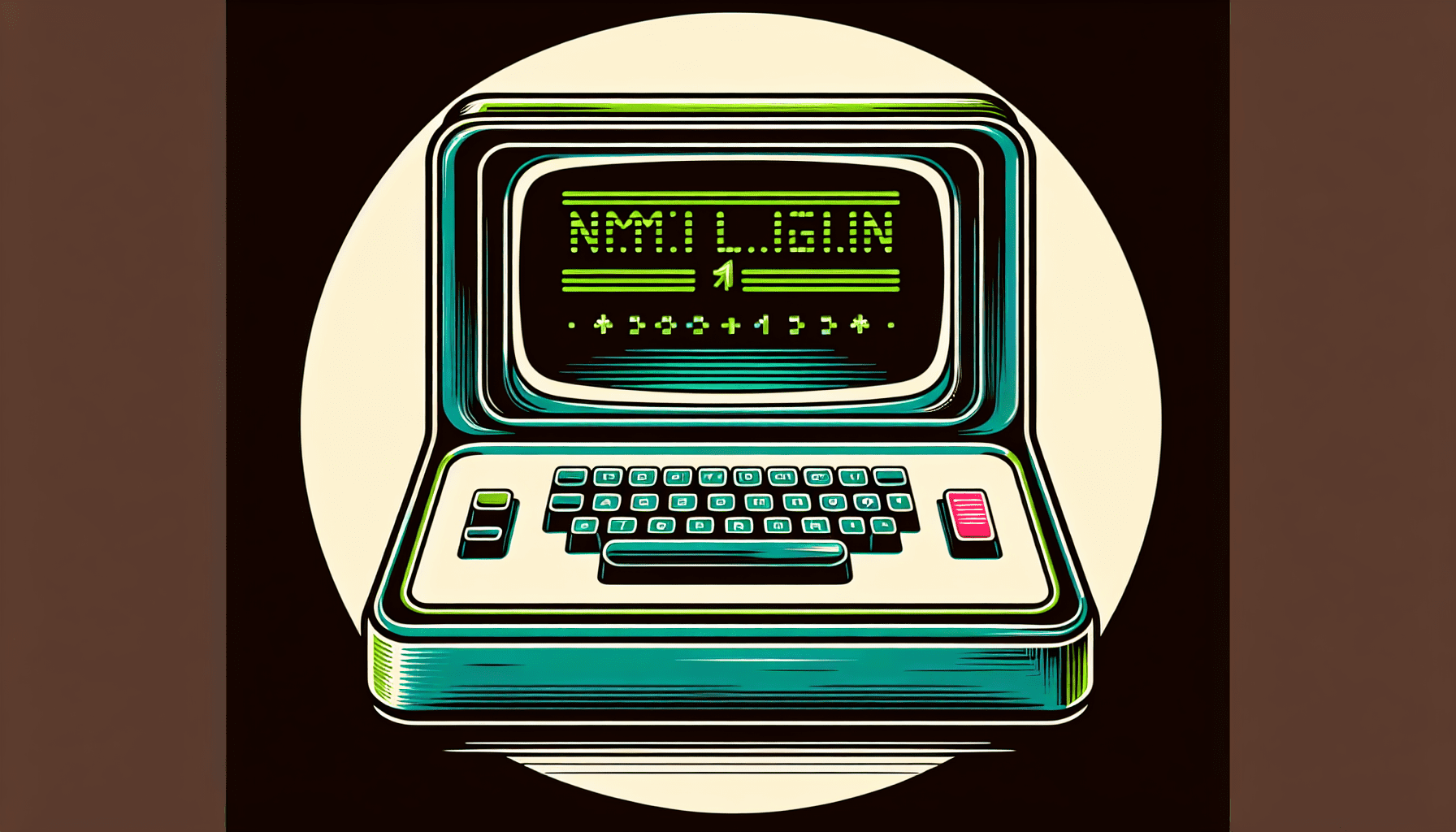 A vintage computer terminal with a black screen displaying NMI Login in glowing green text and a blinking cursor.