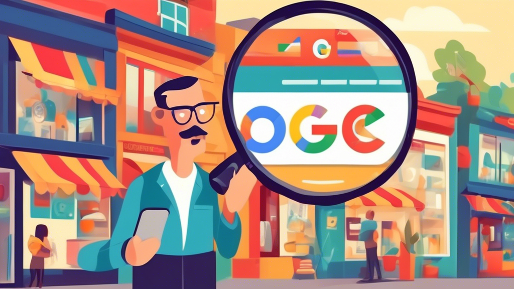 A shop owner uses a giant magnifying glass to examine their Google business profile displayed on a smartphone.