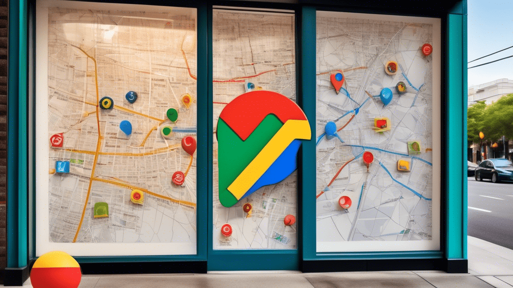 A storefront window with a giant Google Maps pin embedded in it, displaying a business profile with reviews and photos.