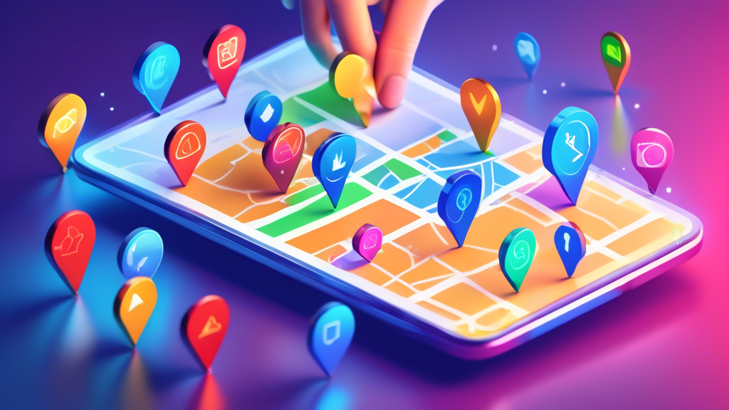 A hand reaching out to touch a glowing Google Maps pin with a storefront inside, surrounded by icons for reviews, photos, and business information.