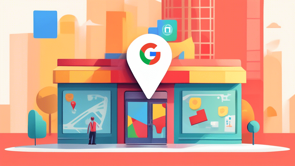 A friendly storefront with a giant Google Maps pin popping out of a smartphone displaying a Google Business Profile page.