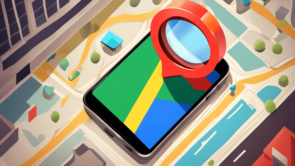 A storefront with a magnifying glass hovering over a Google Maps location pin on a smartphone.
