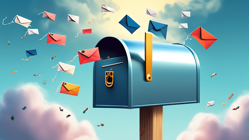A whimsical open mailbox with a tiny digital lock and a Mailgun flag waving on the side, floating in a cloudy sky with email icons flying out of it.