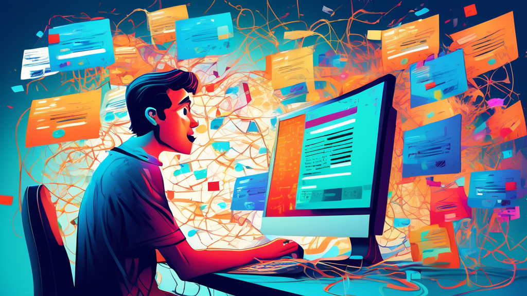 A frustrated user stares at a computer screen displaying a large Account Verification Required pop-up message, with a tangled mess of verification codes and CAPTCHAs surrounding them.