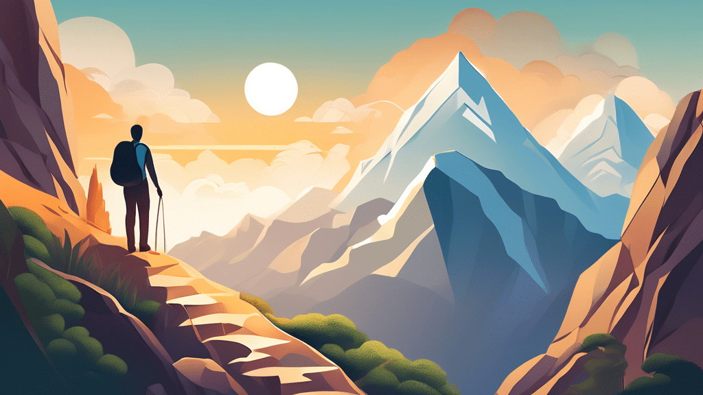 Create an image depicting a serene mountain landscape with a person climbing towards the peak. Along the mountain path, incorporate various symbolic elements that represent personal growth strategies