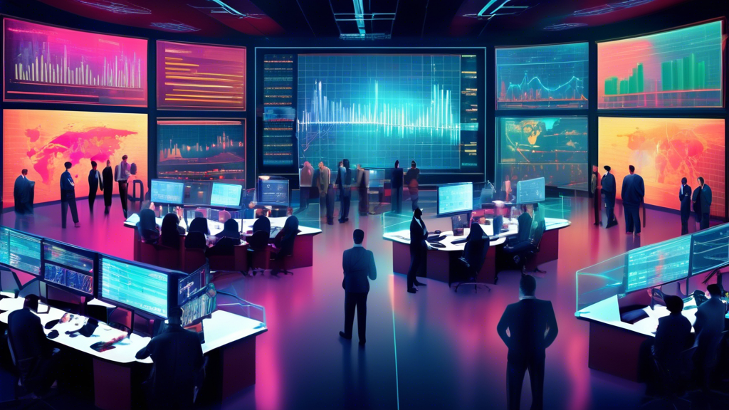 A modern, bustling stock exchange trading floor filled with diverse traders analyzing market trends on futuristic holographic screens, surrounded by charts, graphs, and ticker symbols, illustrating dy