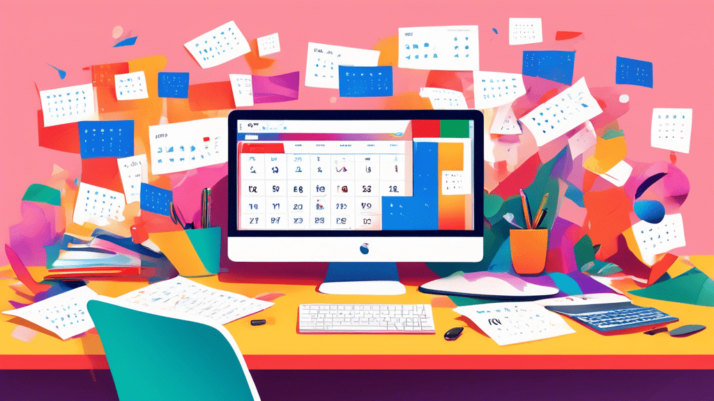 A chaotic office desk with a computer screen open to Google Calendar with the Zoom logo trying to squeeze in.