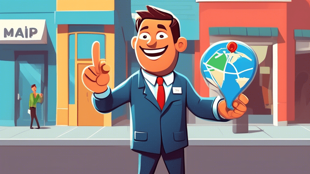A friendly cartoon manager holding a giant Google Maps pin with a business storefront inside it. The manager is smiling and waving to invite viewers in.
