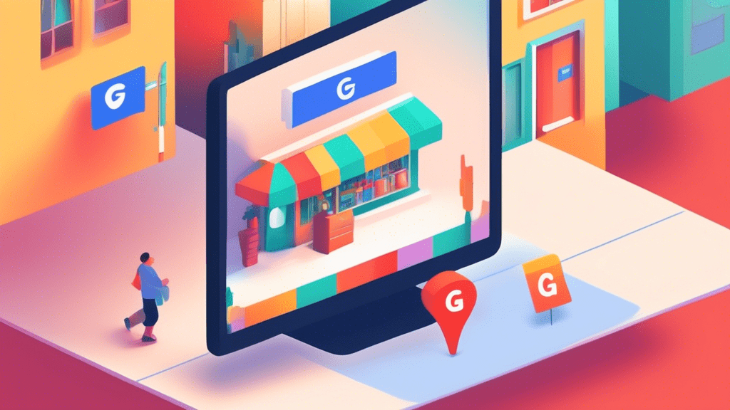 A hand reaching out from a computer screen holding a miniature storefront with a Google Maps pin sticking out of it, and a plus sign hovering above the storefront.