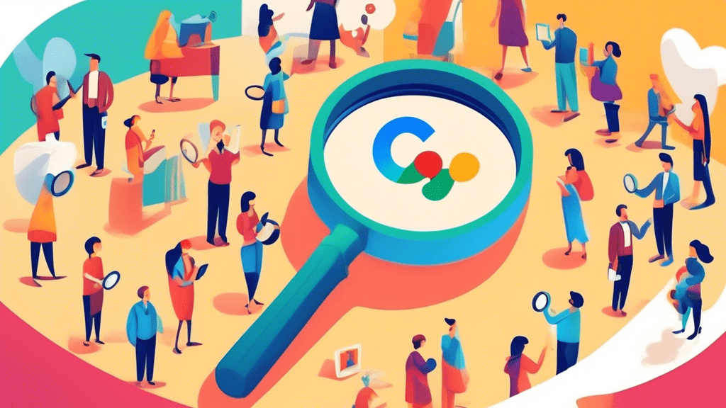 A friendly cartoon hand holding a magnifying glass over a Google My Business listing with a plus sign hovering above it and a group of diverse people smiling in the background.