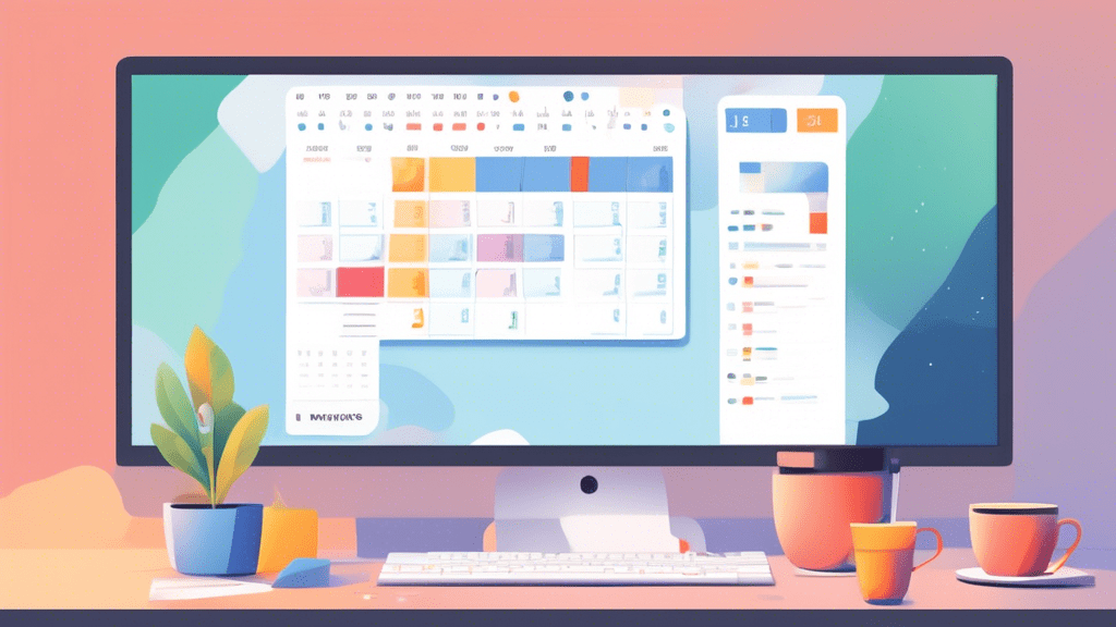 Create a detailed illustration of a computer screen showing a Google Calendar interface with a Zoom meeting icon being clicked on by a cursor. The background should include a modern desk setup with a