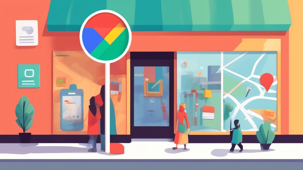 A storefront with a giant Google Maps pin hovering over it and a magnifying glass inspecting the store's details.