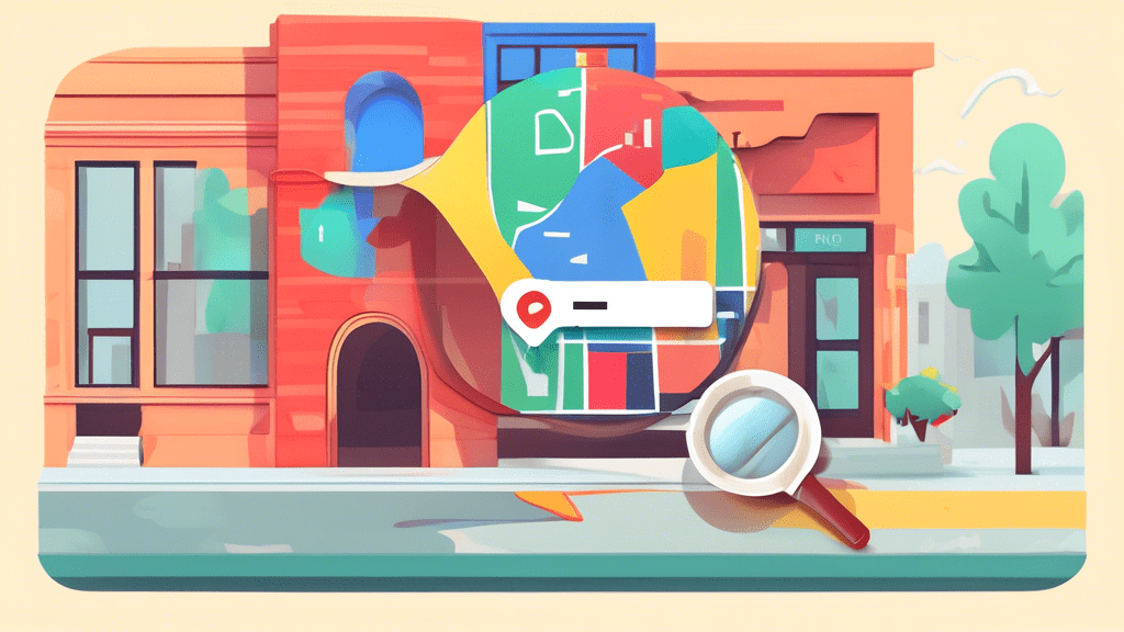 A storefront with a giant Google Maps pin coming out of it and a magnifying glass highlighting the words Open Now.