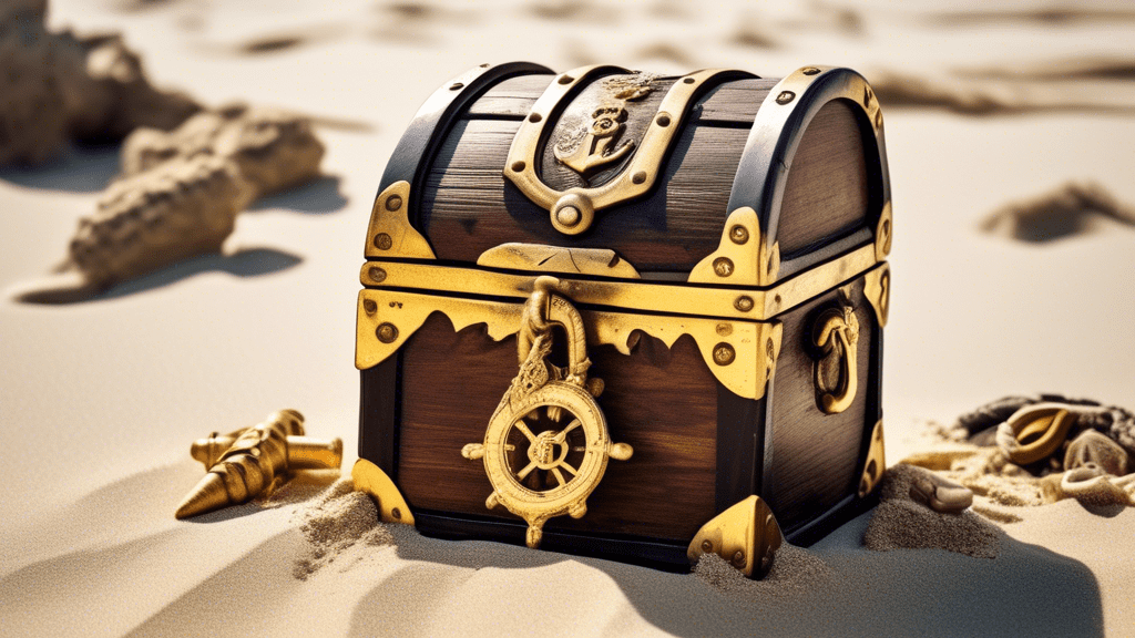 DALL-E Prompt: A close-up view of an old wooden treasure chest with ornate gold trim, sitting on a sand-covered beach. The chest is open, revealing a variety of colorful, weathered cargo labels and st
