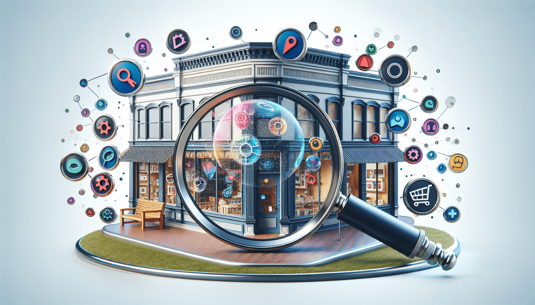 A storefront with a giant magnifying glass analyzing its online presence, with icons for keywords, links, and local citations floating around it.