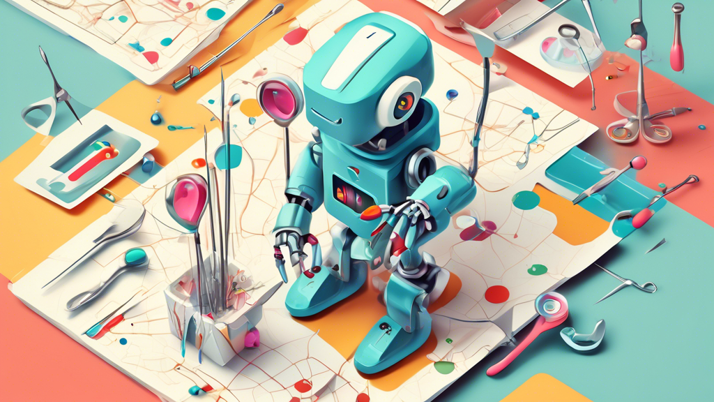 A robot dissecting a Google Maps location pin with surgical tools, revealing data points and reviews inside.
