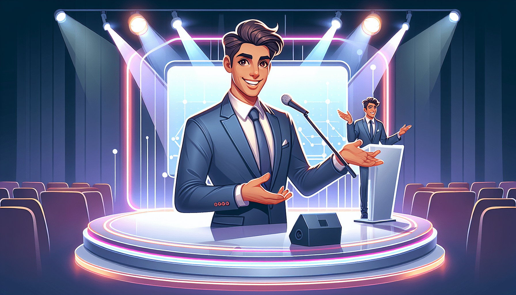 A businessman giving a presentation on stage with a confident and engaging demeanor