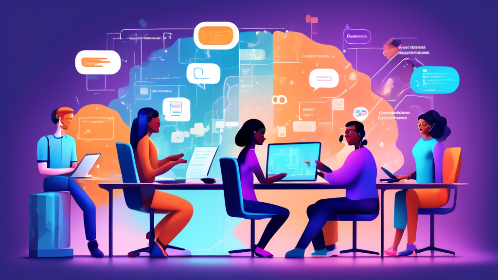 Create an illustration showing diverse applications of Language Learning Models (LLMs). Include scenes such as a customer service chatbot assisting a user, a digital assistant helping with daily tasks
