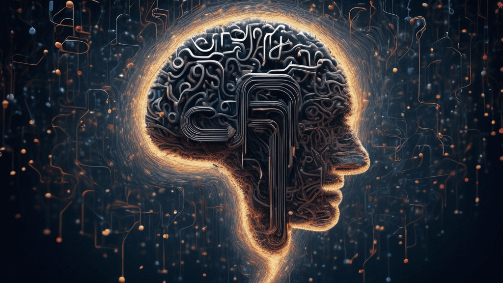 A giant question mark made of swirling code and data, with a human brain subtly embedded inside.
