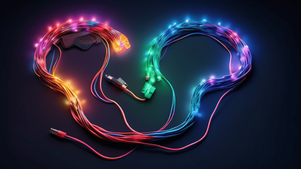 A giant question mark made of tangled computer cables emitting colorful light, with a tiny glowing brain floating above it.