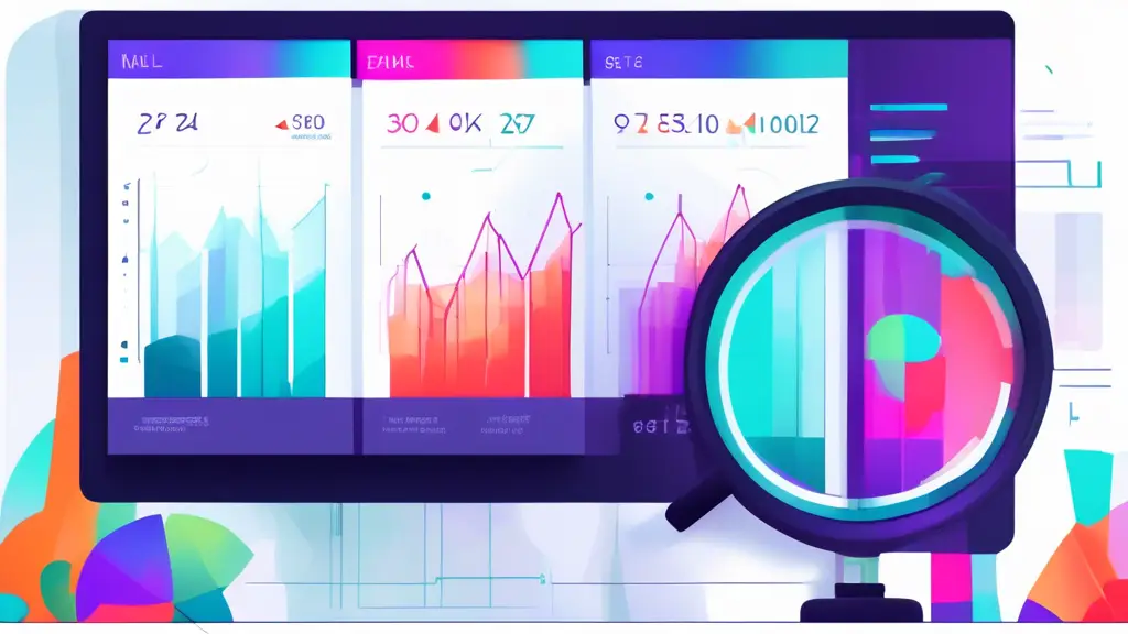DALL-E Prompt: A digital analytics dashboard displaying colorful graphs and charts, with a magnifying glass focusing on a specific data point labeled Triggering Event and a snippet of tracking code vi