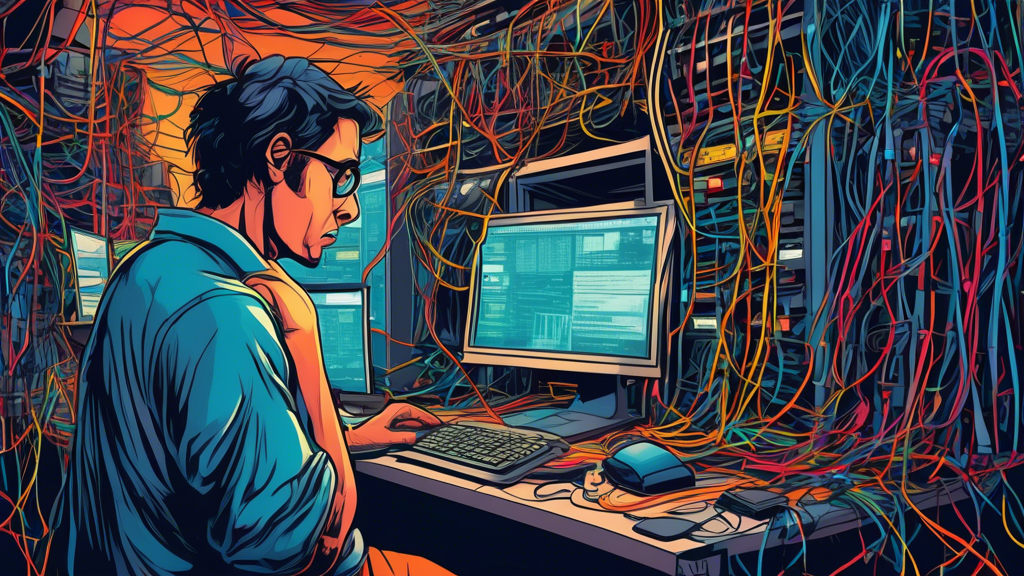 DALL-E Prompt:nA frustrated IT technician surrounded by tangled network cables and error messages on computer screens, trying to solve complex change delivery request issues in a chaotic server room e