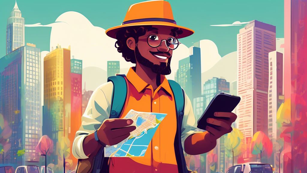 A friendly smartphone wearing a guide hat and holding a map, standing in front of a bustling city.