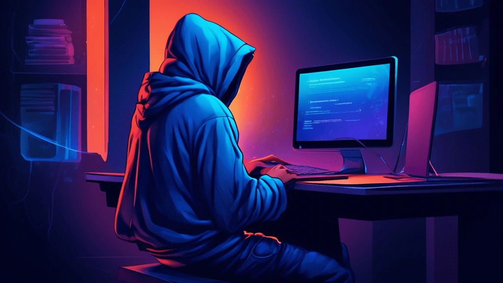 A lone figure wearing a blue hooded sweatshirt emblazoned with Authorize.Net sits at a laptop in a dark room, bathed in the glow of the monitor, attempting to log in.