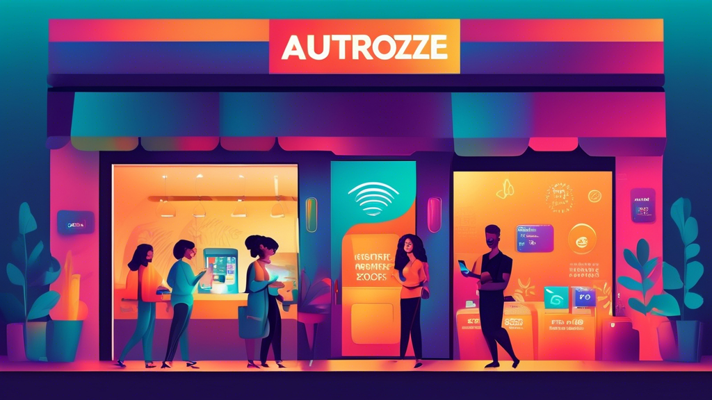 DALL-E Prompt:nA sleek, modern storefront with a glowing Authorize.Net sign above the entrance, and a diverse group of happy customers making seamless, secure payments using their smartphones and cred