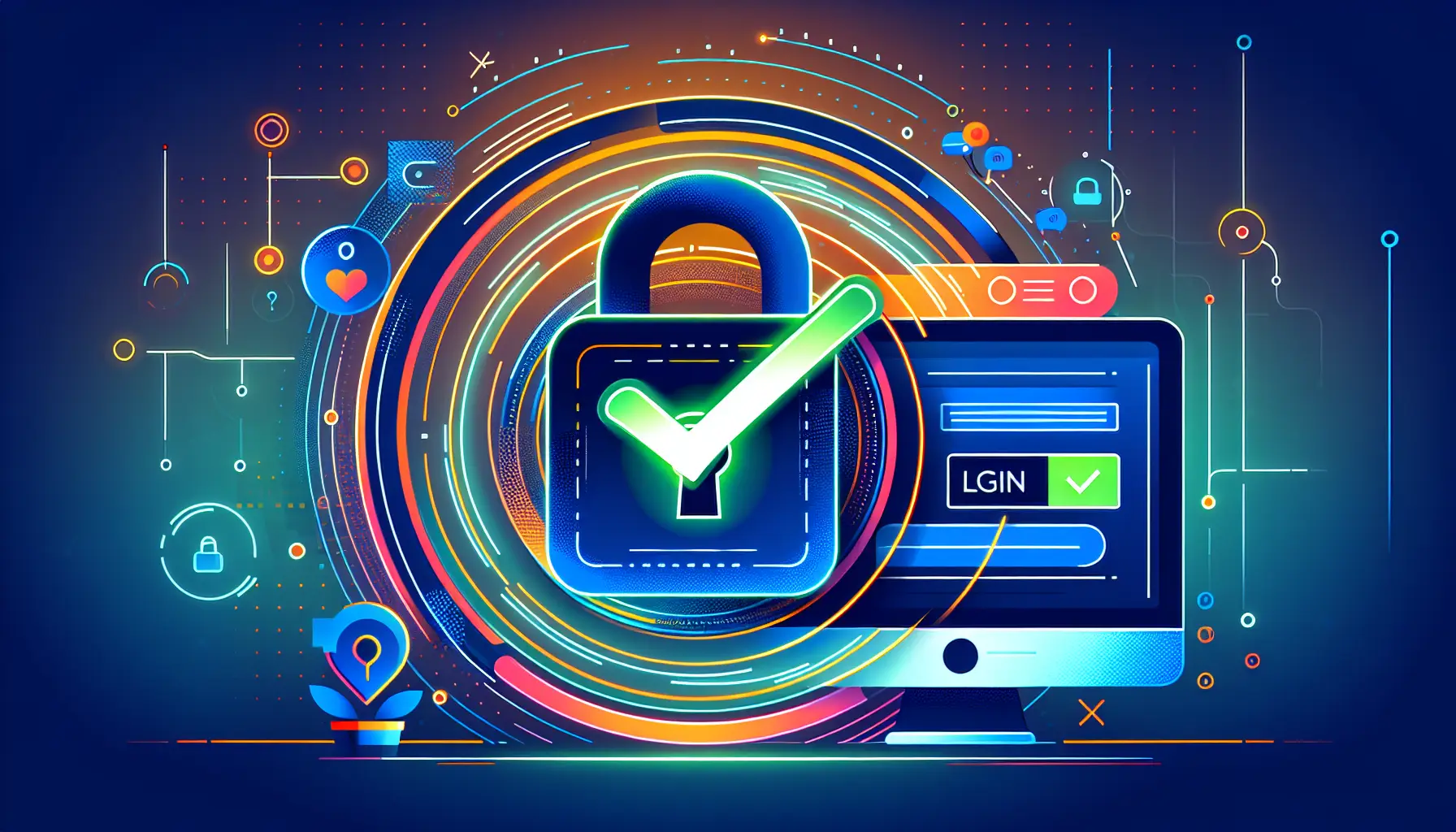 A padlock with a glowing green checkmark in front of a computer screen displaying a login page.