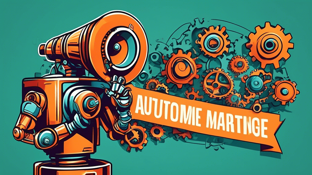 A robot hand holding a megaphone connected to a network of gears and cogs, with a banner that reads Automate Your Marketing.