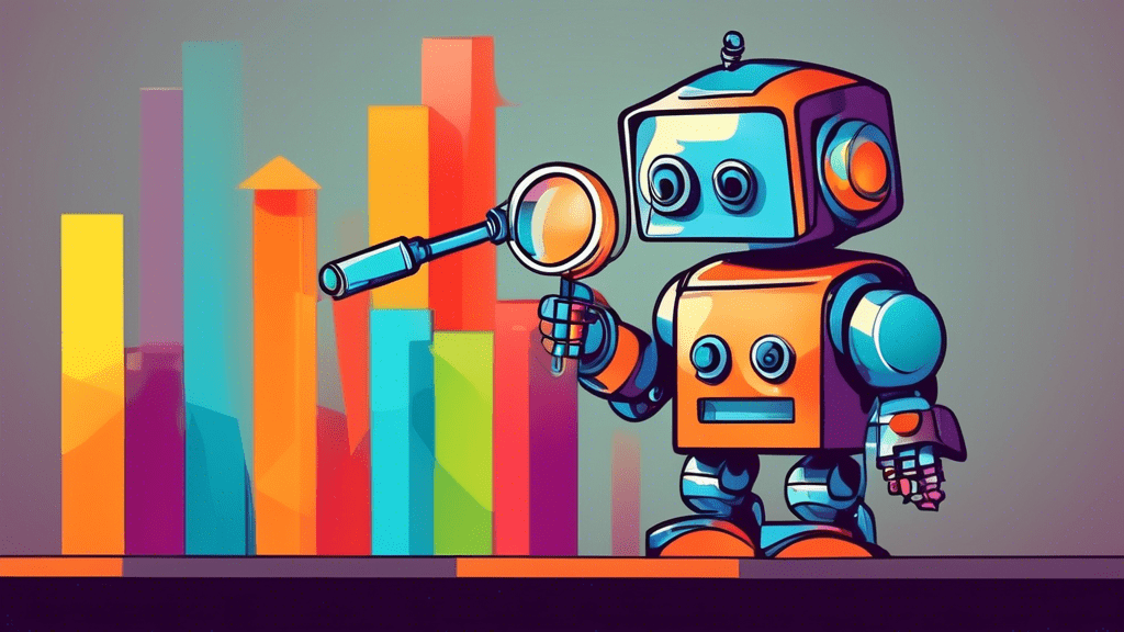 A robot using a magnifying glass to analyze a bar graph.