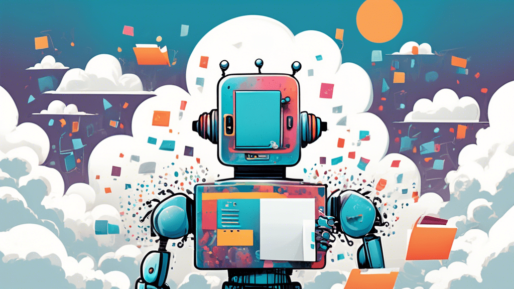 A robot organizing files in a fluffy cloud landscape
