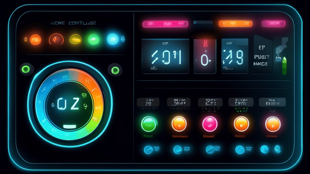 A futuristic smart home control panel displaying energy usage and automated controls for lighting, temperature, and appliances.