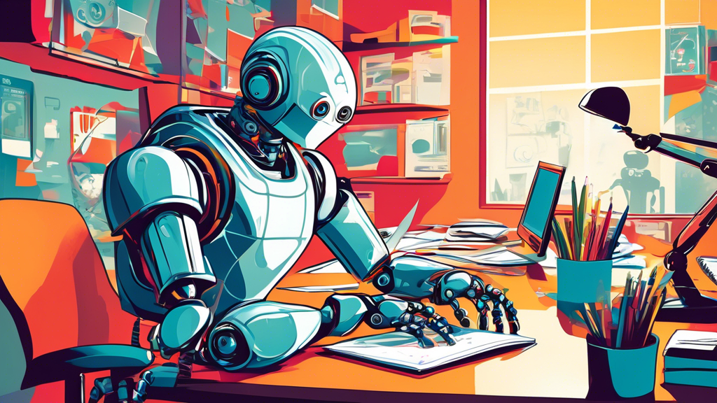 A robot working at a desk in a busy office with a globe in the background