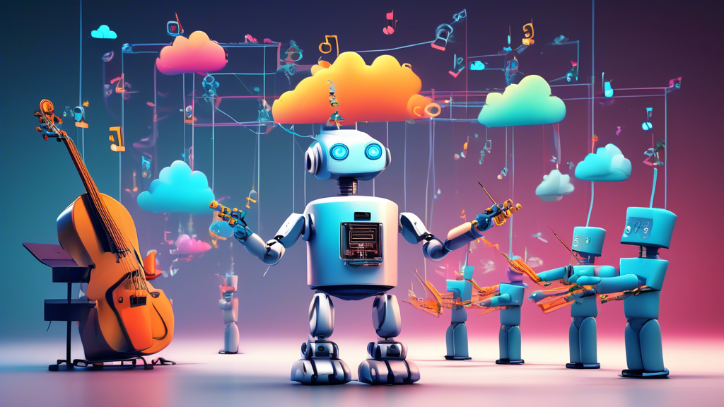 A robot conductor directing a hybrid cloud orchestra with on-premise servers and public cloud platforms as instruments