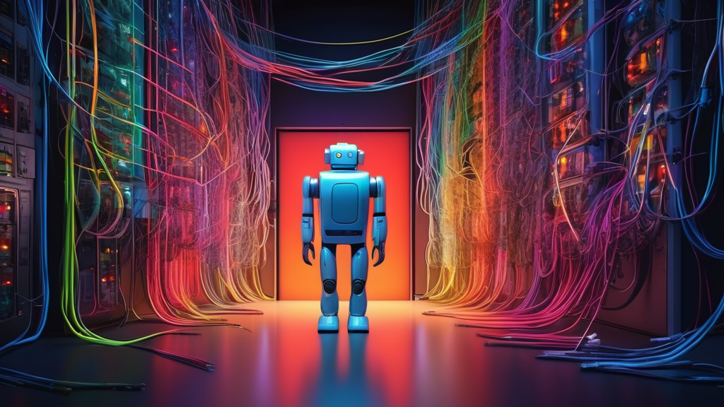 A robot meticulously organizing a vast network of colorful cables, each one leading to a different glowing door.