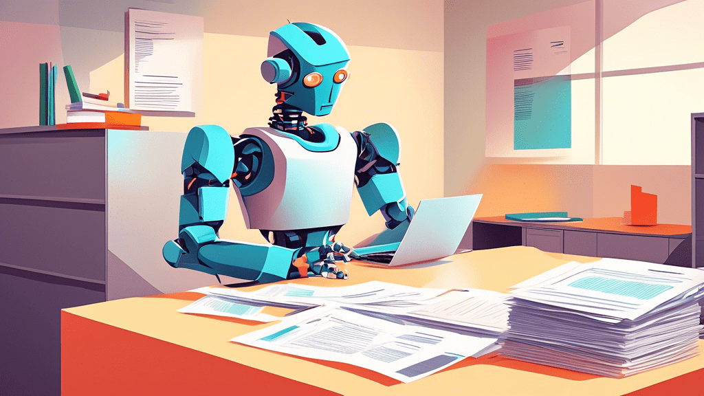 A robot sorting through resumes at an office desk